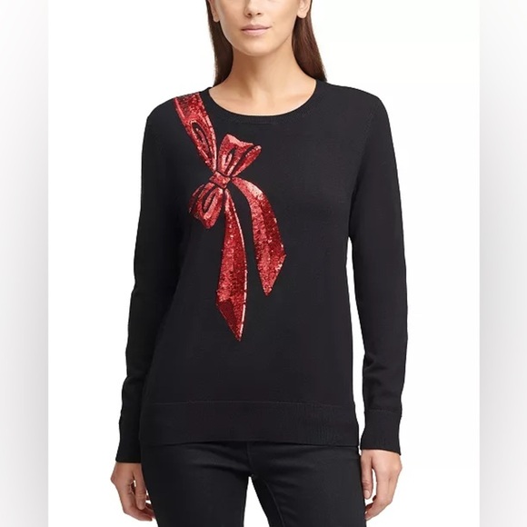 DKNY Red Sequin Bow Holiday Pullover Sweater in Black Women’s Size Medium M - Picture 1 of 8